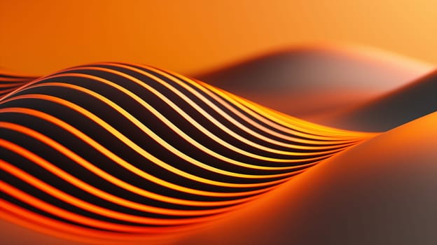 A close-up view of sleek wavy lines creating a sense of fluid motion against an orange gradient backdrop, reflecting a minimalist aesthetic - Generative AI