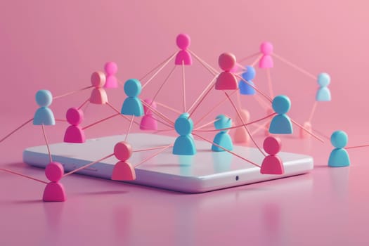 A group of people are connected by a network of strings. The people are of different colors and sizes. Concept of a diverse group of people coming together and forming a strong bond