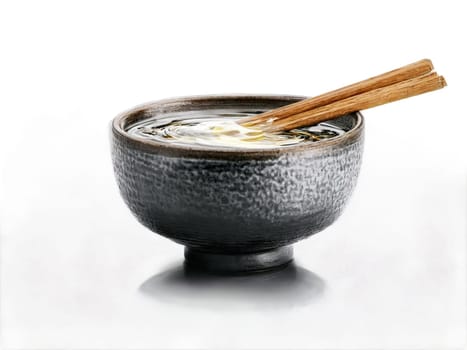 A ceramic sake set the cup filled with a steaming clear spirit set against. Drink isolated on transparent background.