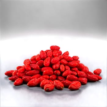 Vibrant goji berries Lycium barbarum gracefully scattered on a bamboo mat their vivid red color. Food isolated on transparent background