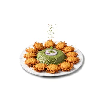 Vegetable pakoras mandala a spicy mandala of vegetable pakoras with mint chutney splashing and onion. Food isolated on transparent background.