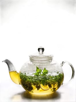 Chamomile and Lemon Balm Blend A crystal clear glass teapot with a soothing chamomile. Drink isolated on transparent background.
