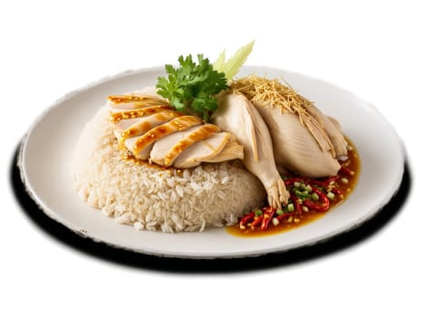 Hainanese chicken rice with poached chicken rice and chili sauce. Food isolated on transparent background.