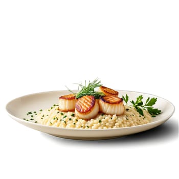 Seared scallops served on a bed of creamy risotto with a drizzle of truffle oil. Food isolated on transparent background