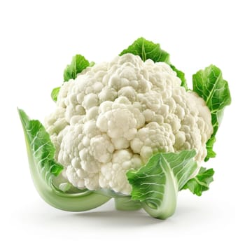 A white cauliflower with green leaves on white background.