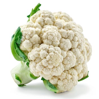 A white cauliflower with green leaves on white background. High quality photo.