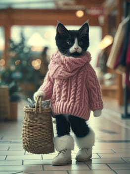 A cat wearing a pink sweater and carrying a basket. The cat is cute and playful, and the image has a lighthearted and whimsical mood