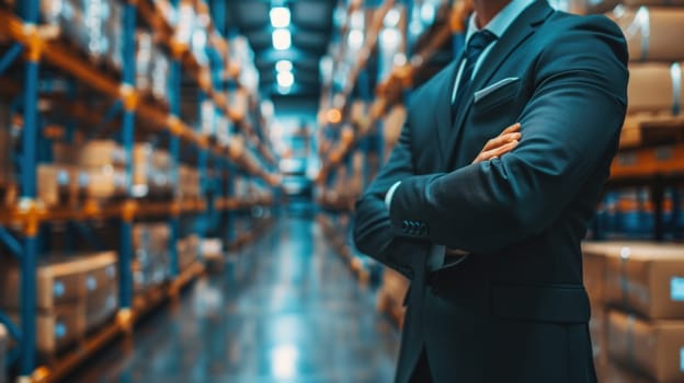 A man in a suit stands in a warehouse with his arms crossed.