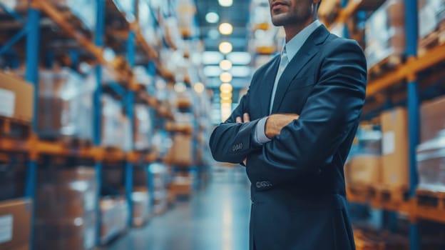 A man in a suit stands in a warehouse with his arms crossed. The warehouse is filled with boxes and shelves, giving it a busy and industrial atmosphere