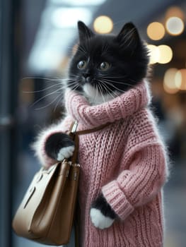 A cat wearing a pink sweater and carrying a basket.