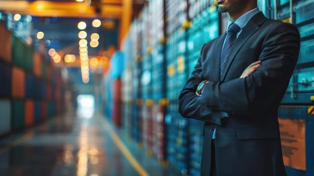 A man in a suit stands in a warehouse with his arms crossed.