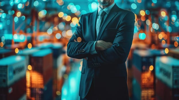 A man in a suit stands in a warehouse with his arms crossed.