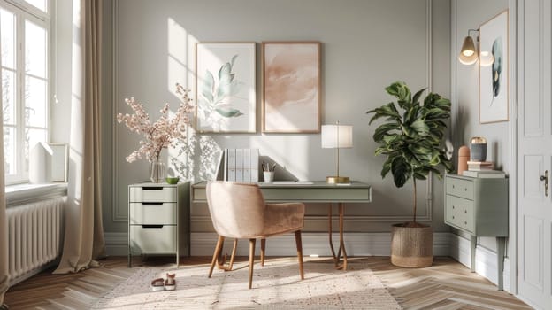 Stylish Workspace with Muted Color Scheme Concept Pale Green Desk Light Gray Walls and Delicate Pink Accents for Calm Balanced Aesthetic.