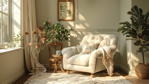 Cozy Reading Nook with Muted Colors Concept Light Olive Armchair Soft Cream Throw and Beige Rug for Harmonious and Cohesive Look.