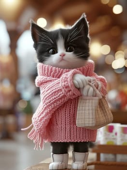 A cat wearing a pink sweater and carrying a basket.