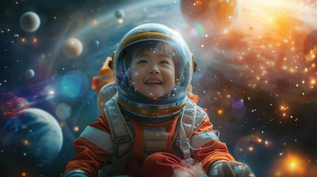 Happy Asian Boy Wearing Spacesuit Riding Fairy Tale Like Toy Rocket with Background of Planets in Universe Starry Sky Concept Imaginative Adventure.