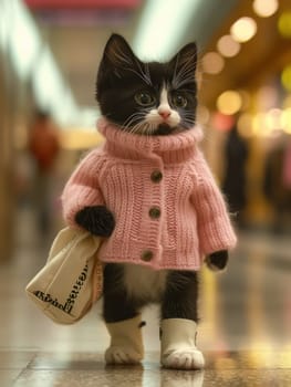 A cat wearing a pink sweater and carrying a basket.