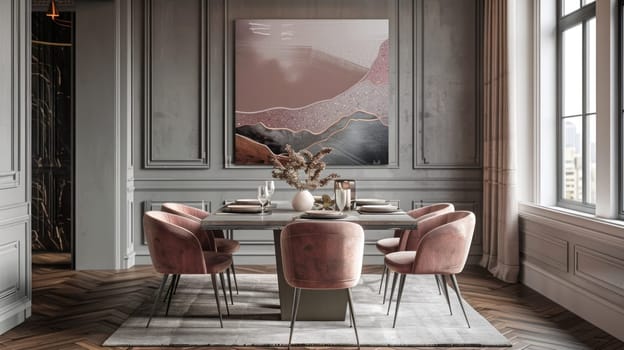 Elegant Dining Area with Muted Color Palette Concept Soft Gray Table Dusty Rose Chairs and Subtle Decor Elements in Complementary Hues for Visual Harmony.