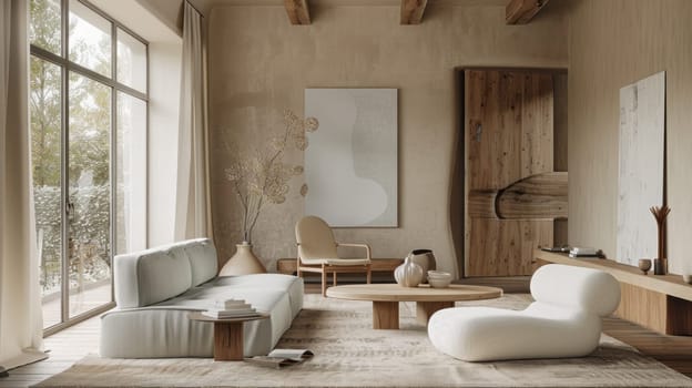 Serene Living Room with Muted Color Palette Concept Featuring Soft Beige and Pastel Blue Furniture Minimalist Decor for Harmonious Cohesive Look.
