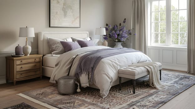 Peaceful Bedroom Design with Muted Colors Concept Light Taupe Bedding Soft Lavender Pillows and Neutral-Toned Rug Creating a Cohesive Relaxing Environment.