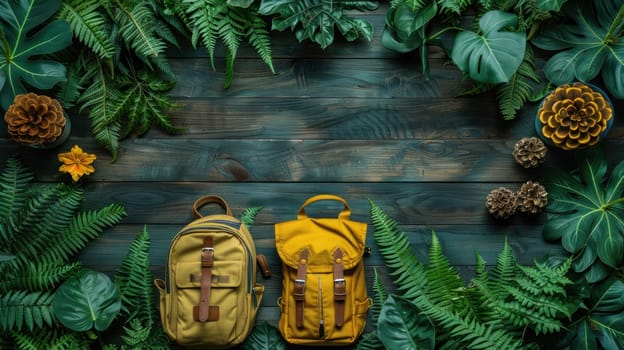 Two backpacks are placed on a wooden surface with green leaves and pine cones surrounding them. The scene gives off a sense of adventure and exploration