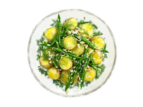 Spring salad new potato salad with green beans and fresh dill served on a transparent. Food isolated on transparent background.