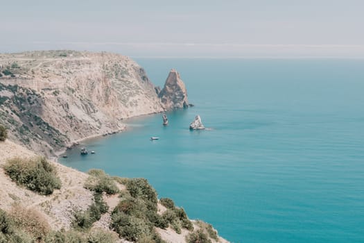 Aerial panoramic view of beautiful sunset above sea. Beautiful seascape. Sun glare, small waves on the water surface. Evening. Horizon. Nobody. No people. Copy space. Never-ending beauty of nature