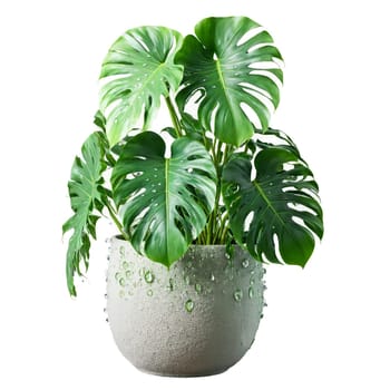 Monstera Deliciosa large green split leaves unfurling from a hovering woven planter with a misty. Plants isolated on transparent background.