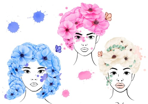 set of linear portraits showcasing the beauty of women from various cultural. Each portrait features hair adorned with anemone blooms, complemented by butterfly accents and subtle watercolor splashes.