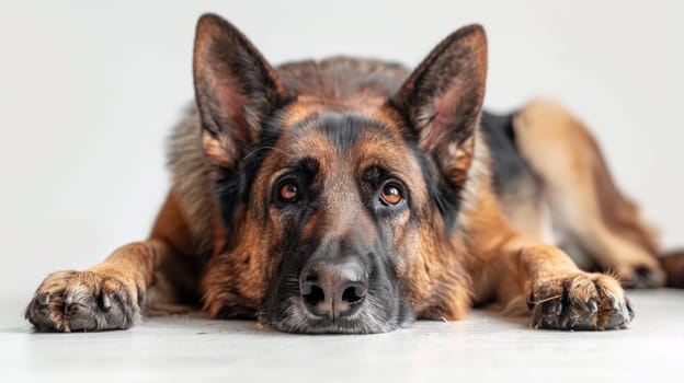 Tired german shepherd dog on white background.