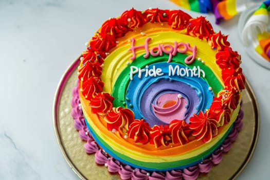 Top view of a rainbow cake decorated for LGBT Pride Month on a white table..