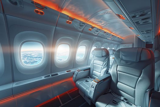 Airplane cabin interior with empty comfortable seats in first class with windows. Air transport.