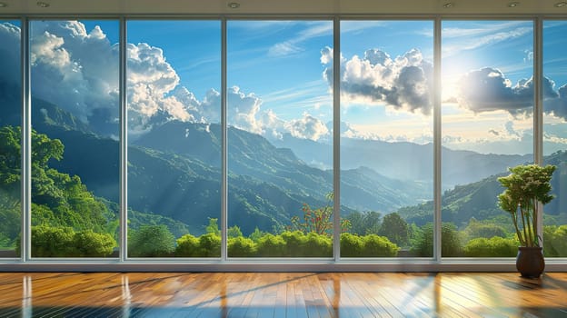 Interior of a room with a panoramic window and mountain views.