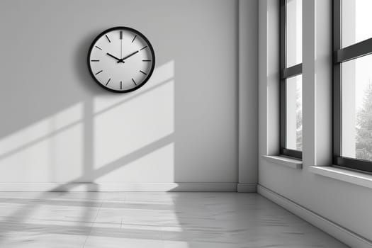 Round wall clock on an empty white wall, minimalism in the interior.