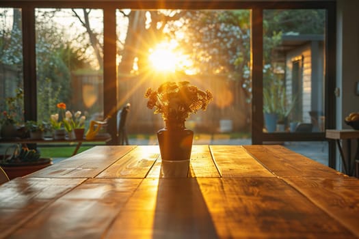 Table in the kitchen near a large window, sun rays illuminate the table.