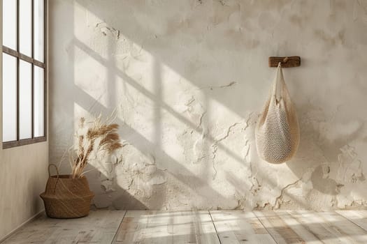 A mesh string bag hanging on a hook on a white wall in a room. Authenticity of a modern interior.