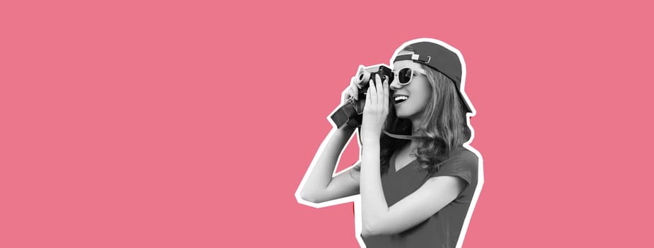 Stylish happy smiling young woman photographer taking picture on film camera on pink background, blank copy space for advertising text, magazine style