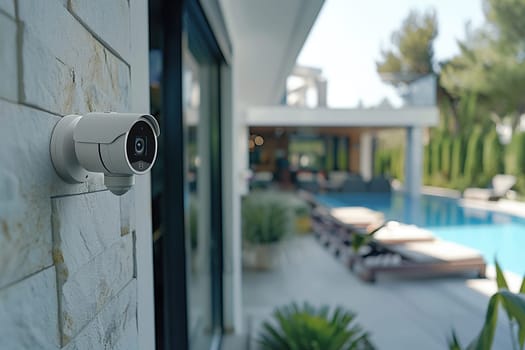 An IP camera is installed on the wall of a luxury house with a swimming pool. The concept of protecting private property.