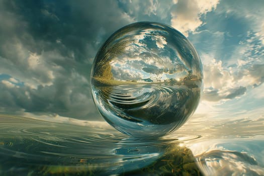 A transparent glass sphere with a reflection of the sky on the water surface. Environment concept.