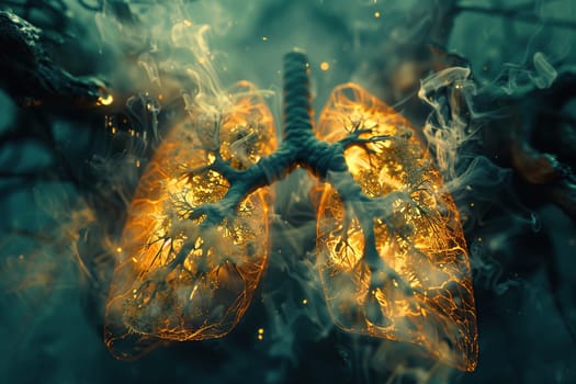 Abstract fantasy image of human lungs in fire and smoke. Concept of healthy lungs and clean planet.