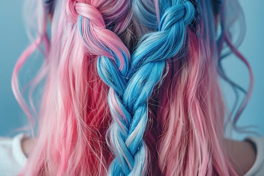 Pink and blue braids are braided on the girl's hair.