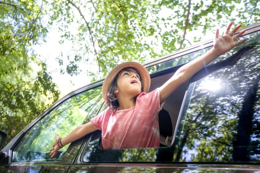 A boy is sitting at the window of a car, looking out at the trees with his arms open and outstretched. He is wearing a hat and a pink shirt. The scene is cheerful and carefree, as the boy is enjoying the view outside.