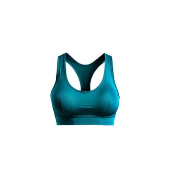 deep teal sports bra with cutout details captured in a powerful spin fabric swirling like. Woman lingerie isolated on transparent background.