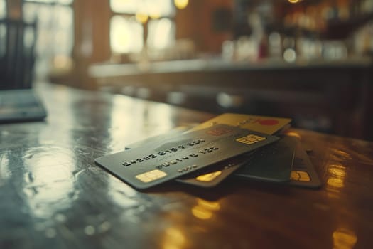 Bank credit cards on office table with laptop.