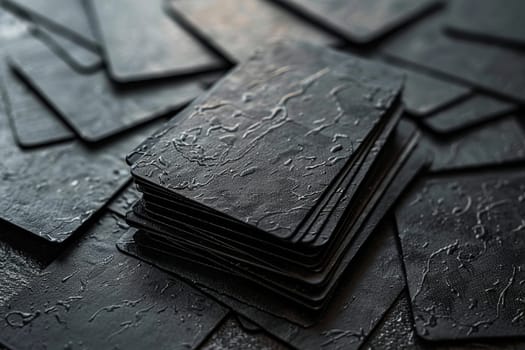 A stack of black textured bank cards without inscriptions or signs.