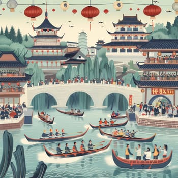 A lively river festival in China, with dragon boats competing and crowds cheering from traditional-style buildings adorned with red lanterns