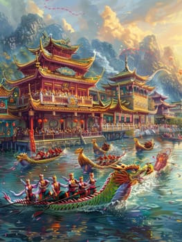 A vibrant dragon boat race unfolds before an ornate Chinese temple, with rowers in traditional attire powering through glittering waters