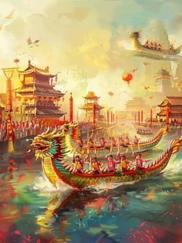 Teams in dragon boats, led by ornate, vibrant figures, race through waterways under a soft, golden sunset by traditional Chinese structures