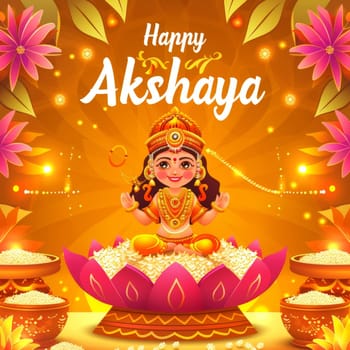 A festive illustration for Akshaya Tritiya, featuring a joyful deity surrounded by floral motifs and traditional Indian gold jewelry, symbolizing prosperity