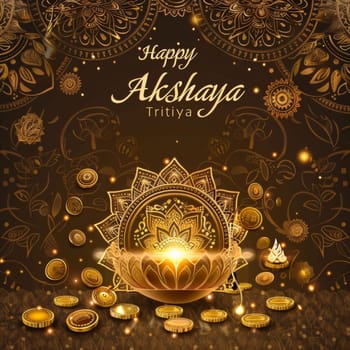 A mystical Akshaya Tritiya celebration scene with a glowing diya lamp centerpiece, surrounded by intricate gold patterns and floating coins